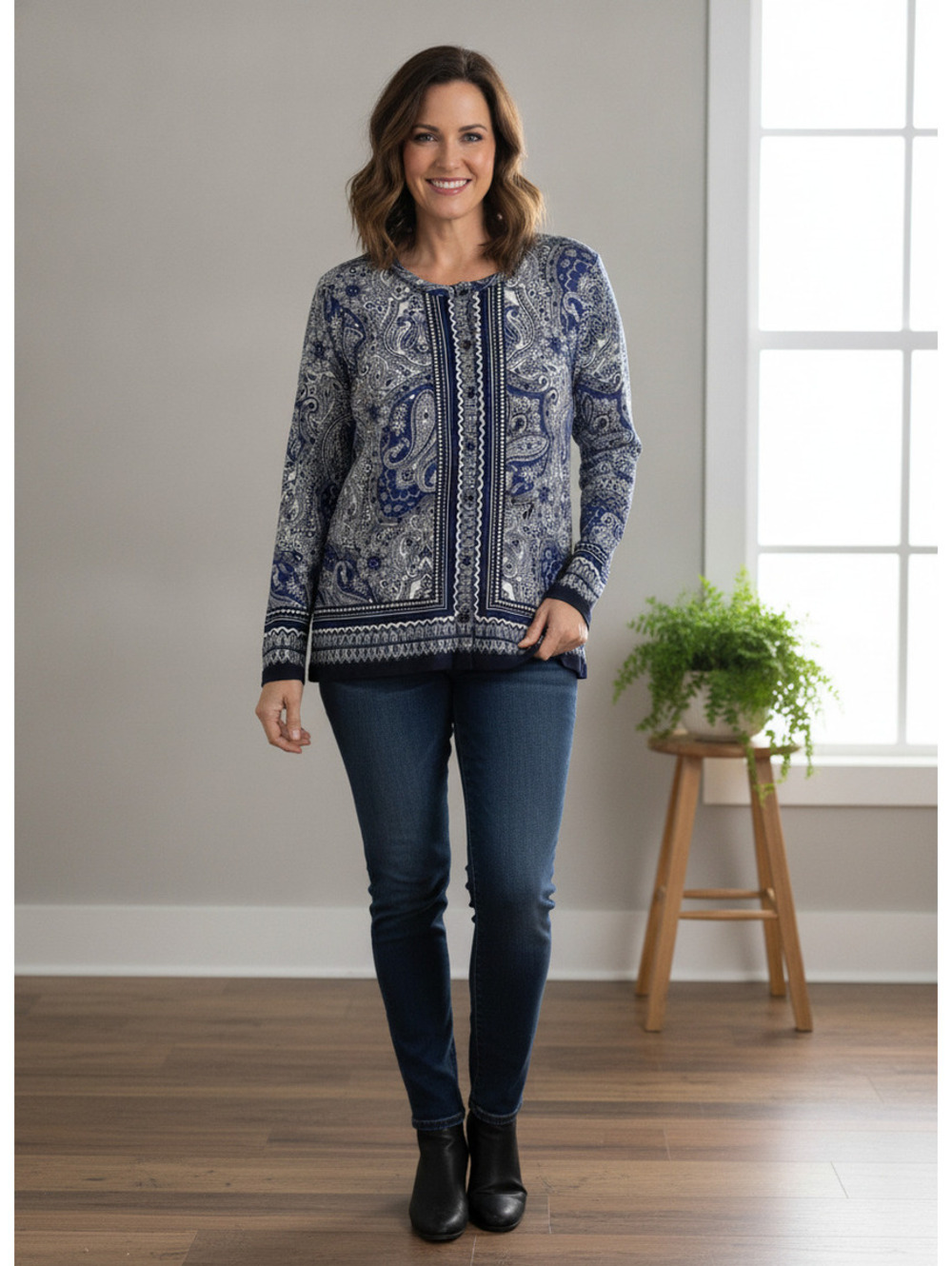 262 Rafaella Women's Long Sleeve Button-Up Top Blue Black Paisley Print Size L